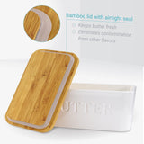 Large Bamboo Butter Dish with Lid for Countertop, Ceramic Butter Container With Airtight Cover, Butter Keeper for Counter or Fridge, White Butter Holder Storage