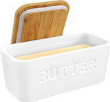 Large Bamboo Butter Dish with Lid for Countertop, Ceramic Butter Container With Airtight Cover, Butter Keeper for Counter or Fridge, White Butter Holder Storage