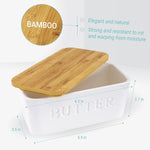 Large Bamboo Butter Dish with Lid for Countertop, Ceramic Butter Container With Airtight Cover, Butter Keeper for Counter or Fridge, White Butter Holder Storage