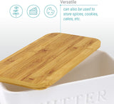 Large Bamboo Butter Dish with Lid for Countertop, Ceramic Butter Container With Airtight Cover, Butter Keeper for Counter or Fridge, White Butter Holder Storage