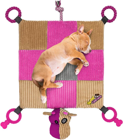 Puppy Toy Mat with Teething Chew Toys (20” x 20”) Ropes, Squeaker, Plush Foam Bed, Durable - Comfort and Fun, All-in-One - Pink